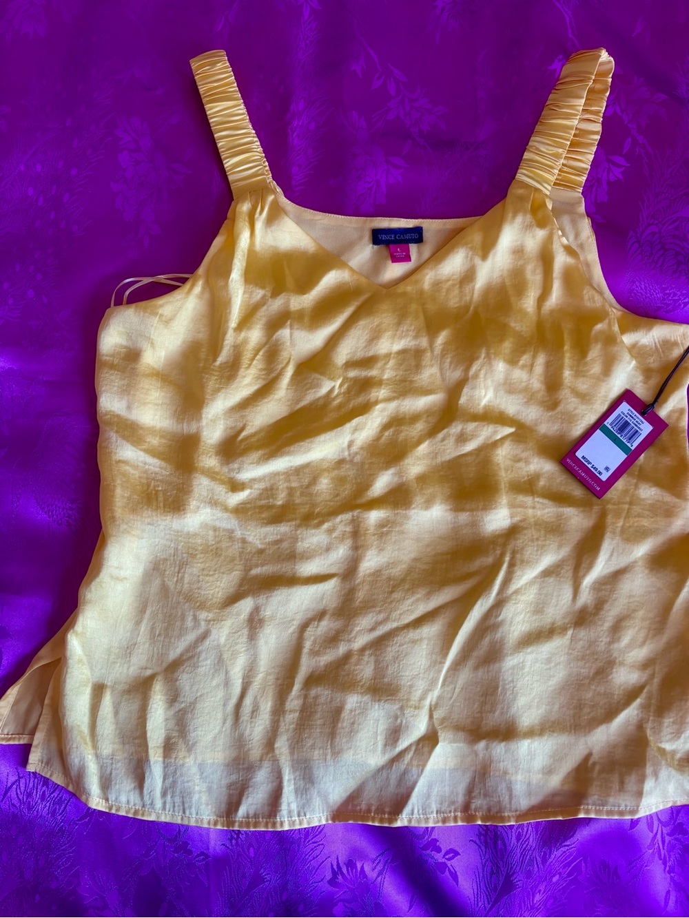 Vince Camuto Yellow Linen-Blend Ruched Strap Camisole
